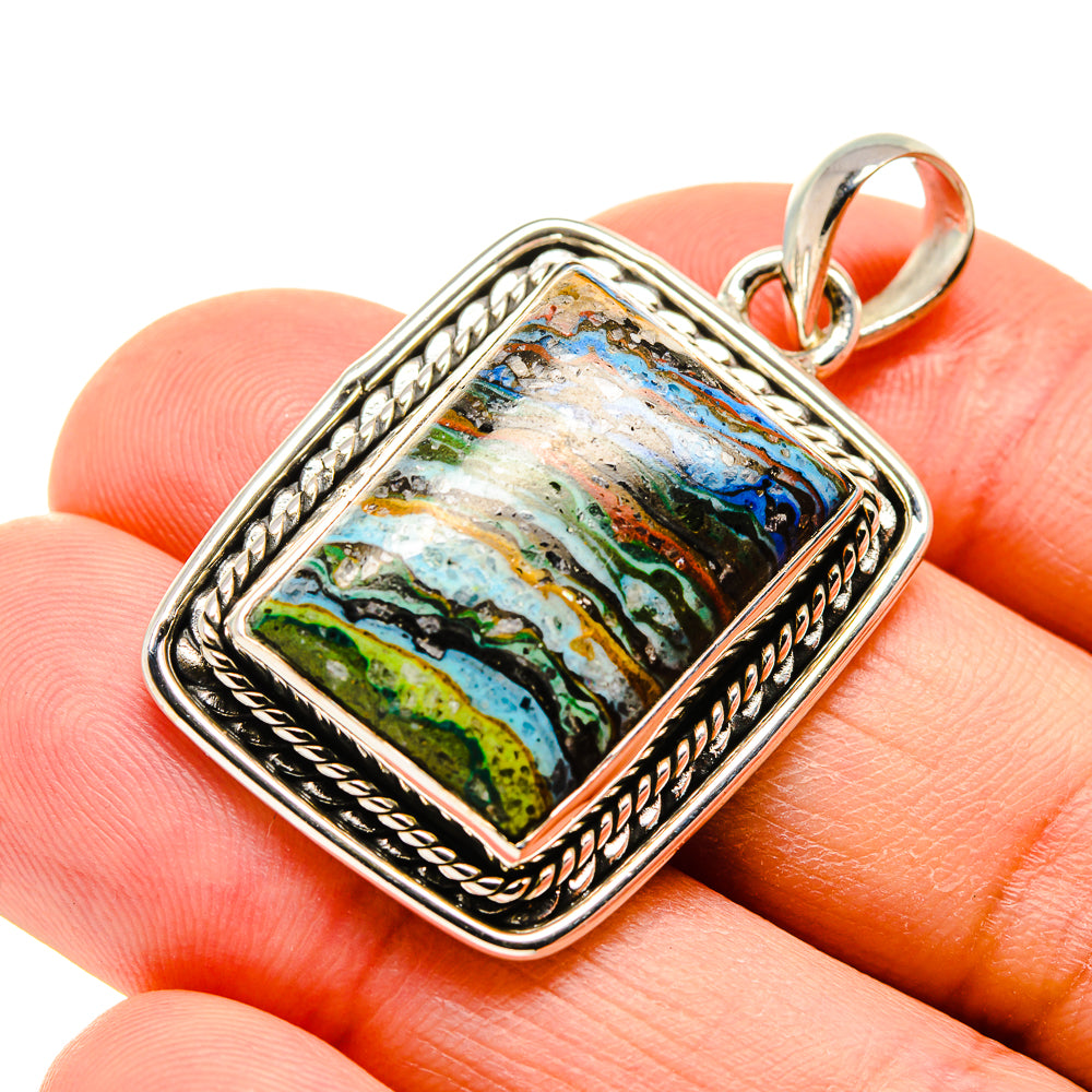 Rainbow calsilica pendant with square glass cabochon and silver rope border, 925 bail