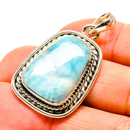 Larimar gemstone pendant, rectangular silver bezel with rope border and loop bail