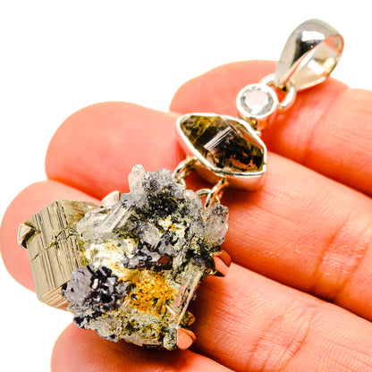 Sterling silver crystal pendant with gold-and-black pyrite and clear quartz clusters