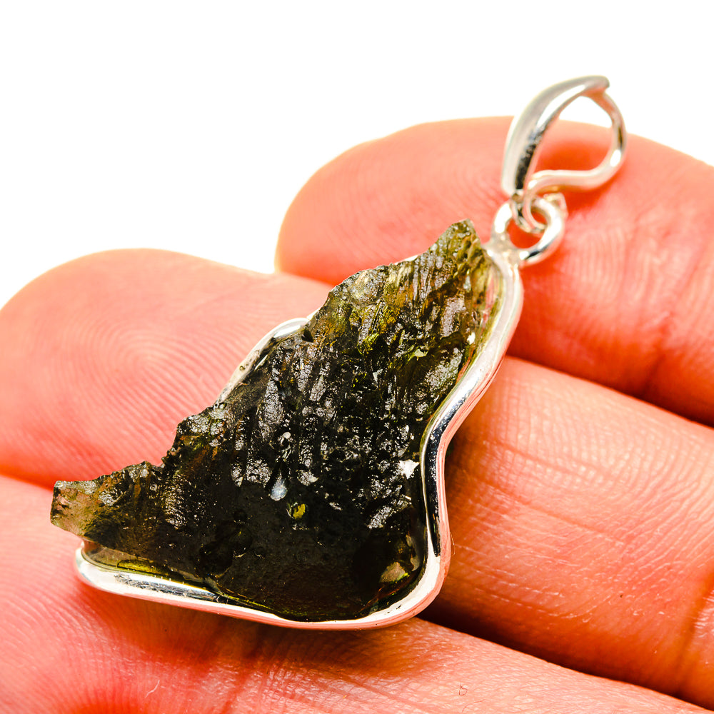 Sterling silver Czech Moldavite pendant with irregular dark green stone