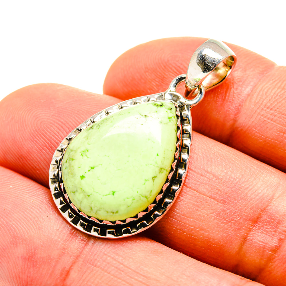 Teardrop chrysoprase pendant with green stone, sterling silver bail, ornate black edge