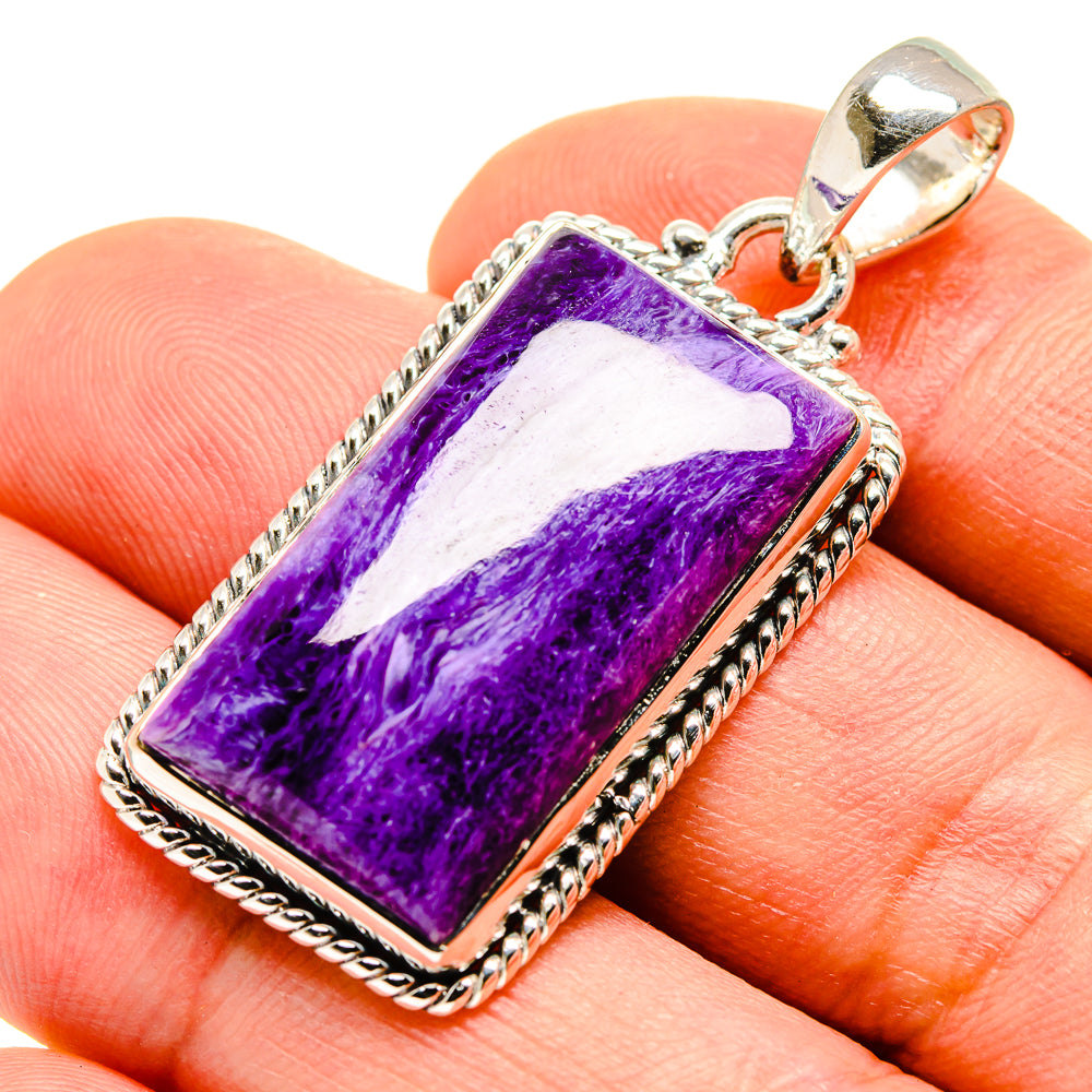 Rectangular purple charoite pendant in polished 925 silver frame with bail