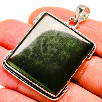Nephrite jade pendant with square dark green cabochon in 925 sterling silver frame