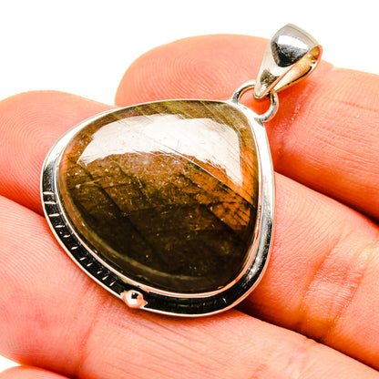 Labradorite pendant in 925 sterling silver teardrop bezel with dark green-gold flash