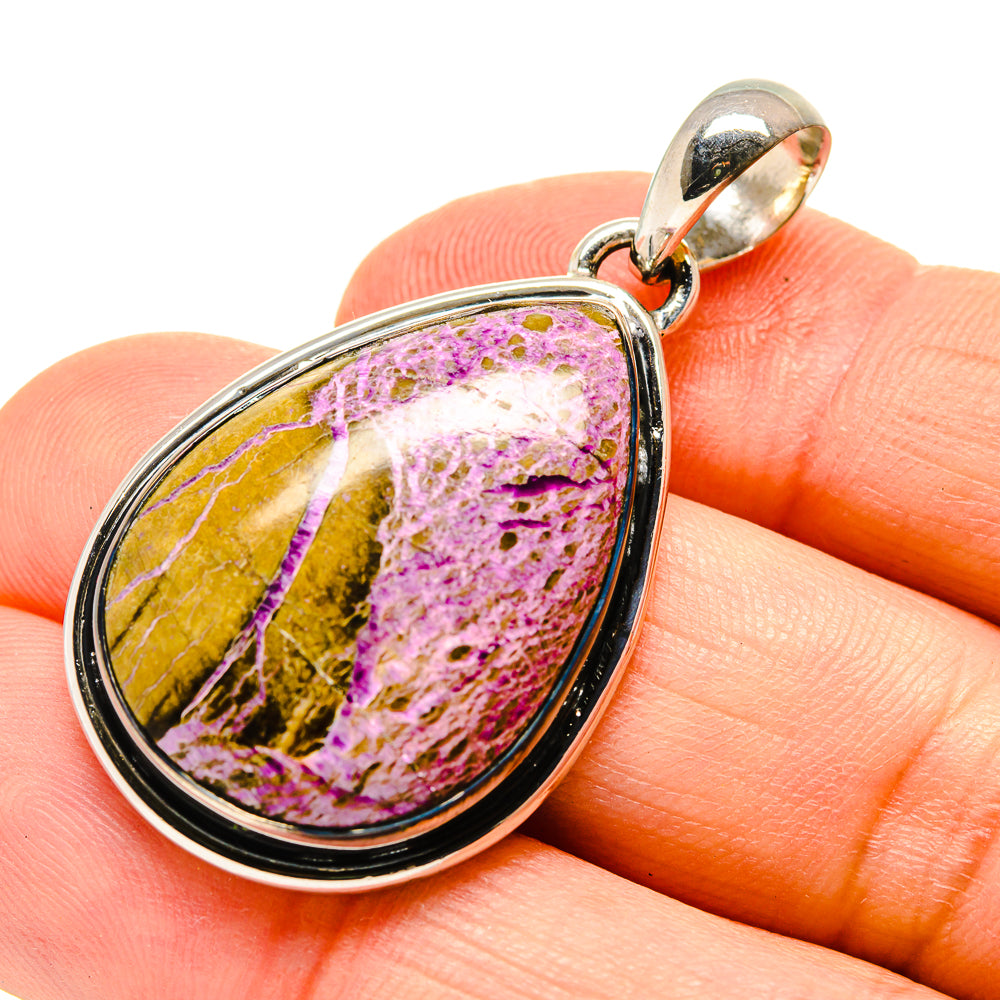 Teardrop stichtite pendant in polished sterling silver with purple and gold stone.