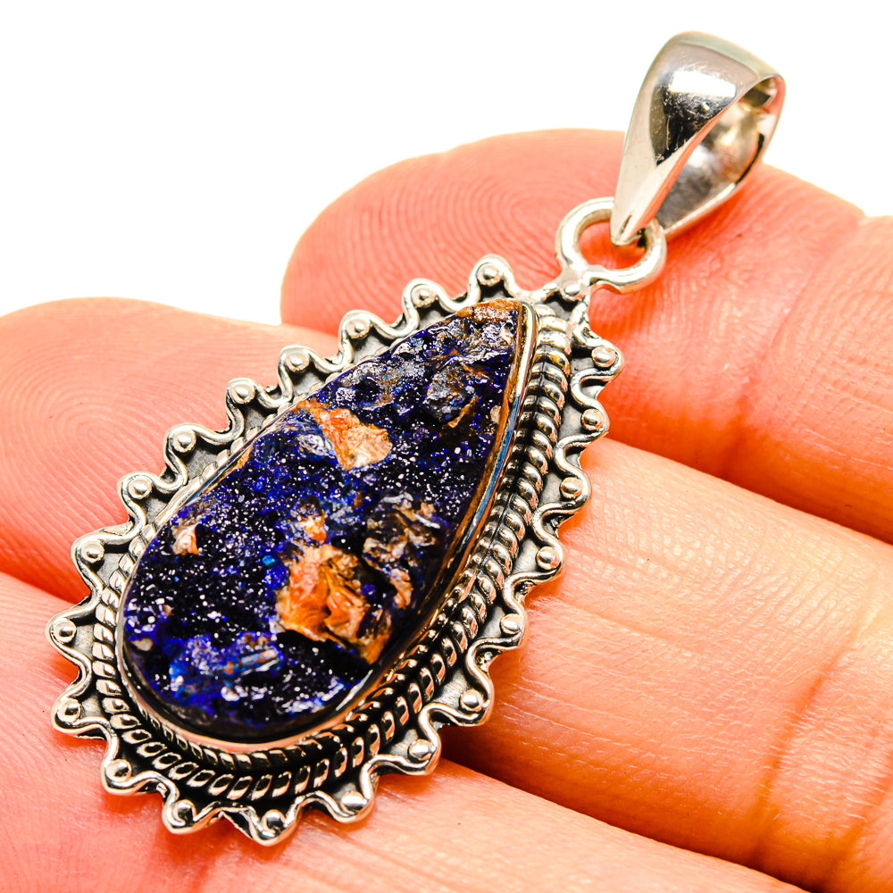 Teardrop rough azurite pendant with 925 sterling silver bail, blue-speckled with orange.