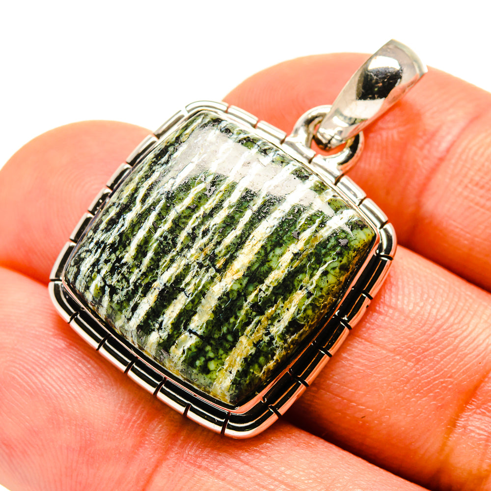 Sterling silver lizard jasper pendant, rectangular green and yellow mottled stone with bail