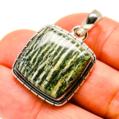 Sterling silver lizard jasper pendant, rectangular green and yellow mottled stone with bail