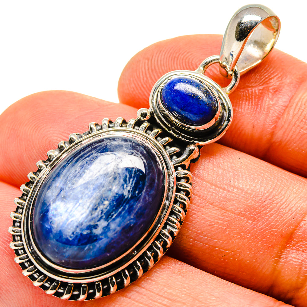 Lapis lazuli oval pendant with blue stone cabochon and bail, sterling silver filigree