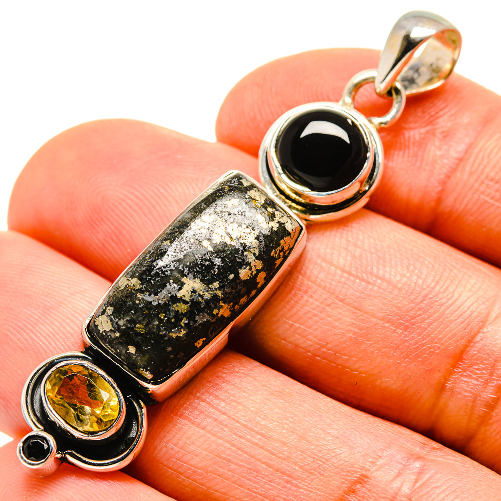 Sterling silver pendant with speckled pyrite agate, black oval and yellow citrine