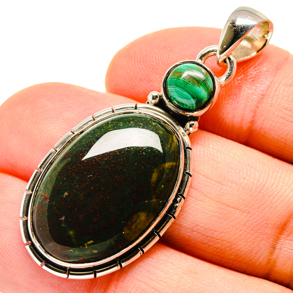 Oval malachite cabochon pendant with round malachite bail in 925 sterling silver