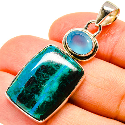 Sterling silver pendant with rectangular green chrysocolla and round blue aqua stone