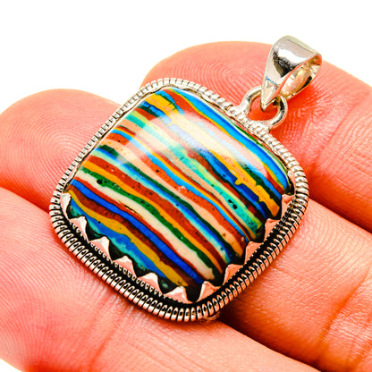 Rainbow calsilica pendant in sterling silver bezel, close-up on striped gemstone