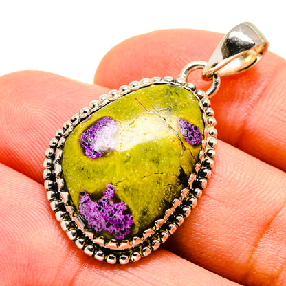 925 sterling silver pendant with oval green stone and purple marbling, beaded frame