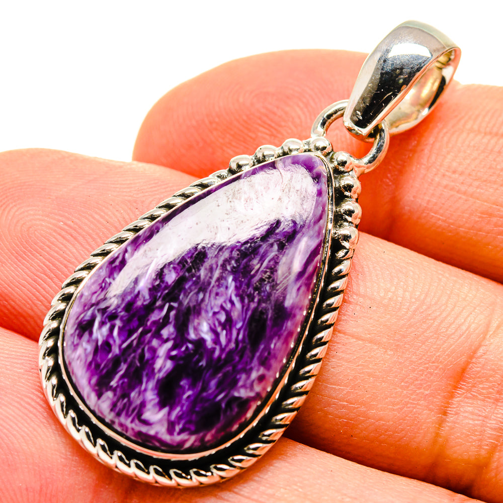Charoite pendant with purple teardrop stone in ornate 925 sterling silver bezel