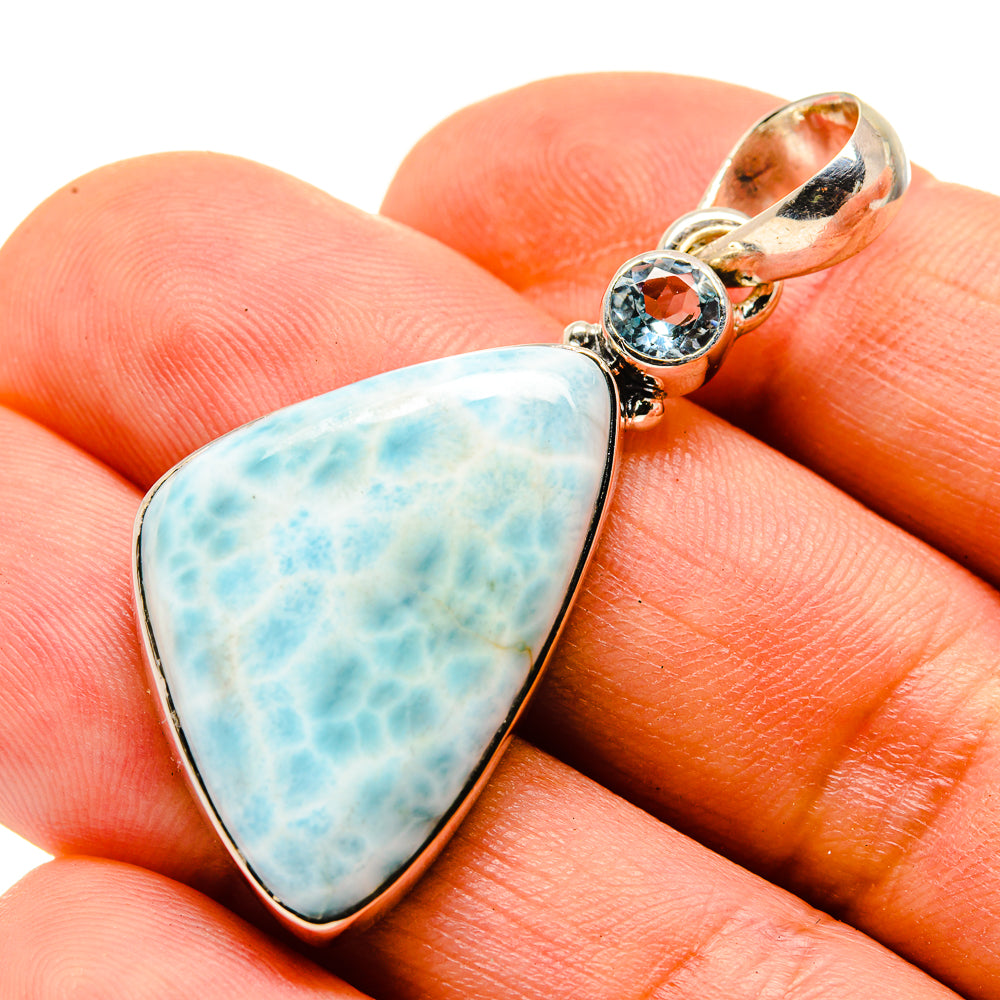 Larimar pendant with blue topaz round accent, sterling silver bezel and bail