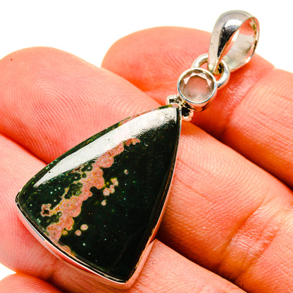 Triangular ocean jasper pendant in silver with green stone and pink speckled veining