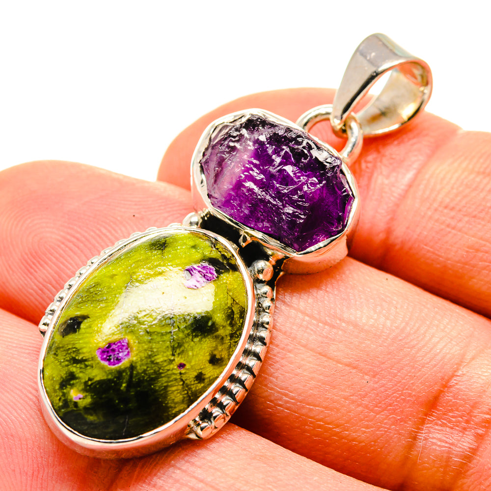 Sterling silver pendant with purple amethyst and green Atlantisite stones, round bezels