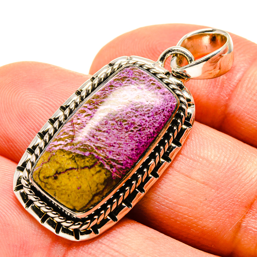 Rectangular stichtite pendant in 925 sterling silver with purple and yellow gemstone cabochon
