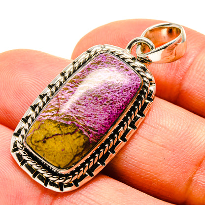 Rectangular stichtite pendant in 925 sterling silver with purple and yellow gemstone cabochon
