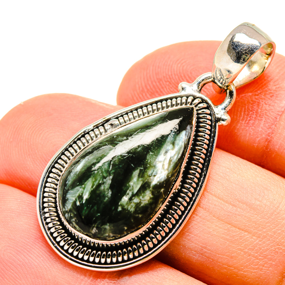 Sterling silver seraphinite teardrop pendant, engraved border, top bail