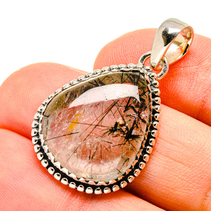 Tourmalinated quartz pendant in 925 sterling silver with round cabochon and beaded bezel
