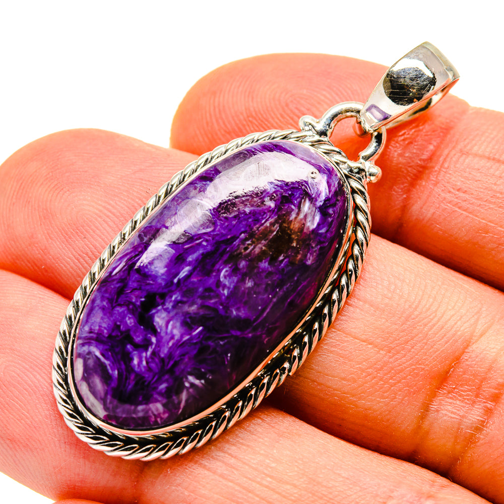 Charoite pendant in 925 sterling silver bezel with purple oval gemstone, rope-edged frame