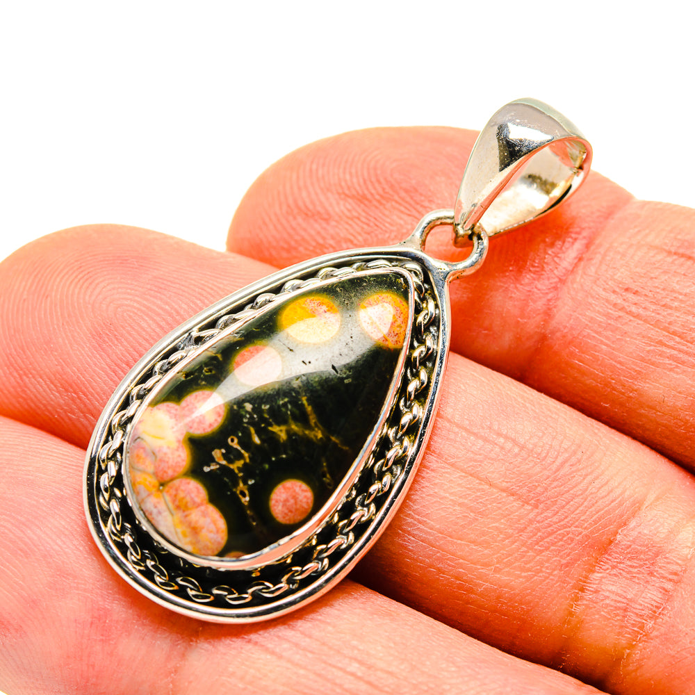 Ocean jasper teardrop pendant, 925 silver bail and ornate bezel frame