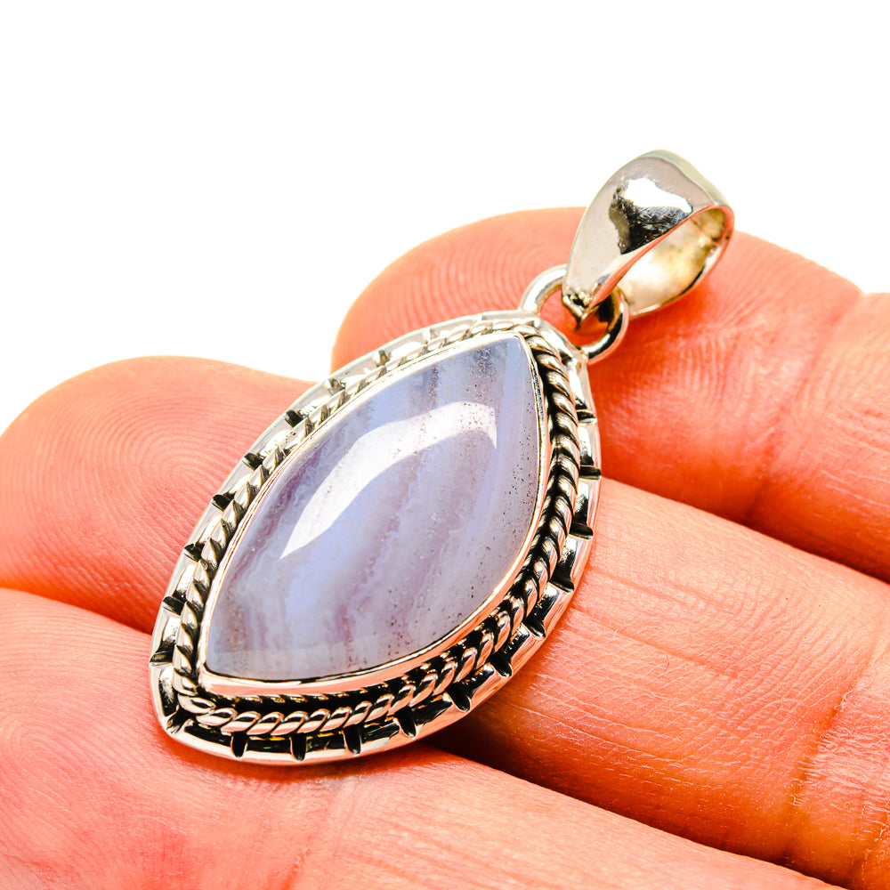Blue lace agate pendant, teardrop stone in silver-tone bezel with rope-edge frame