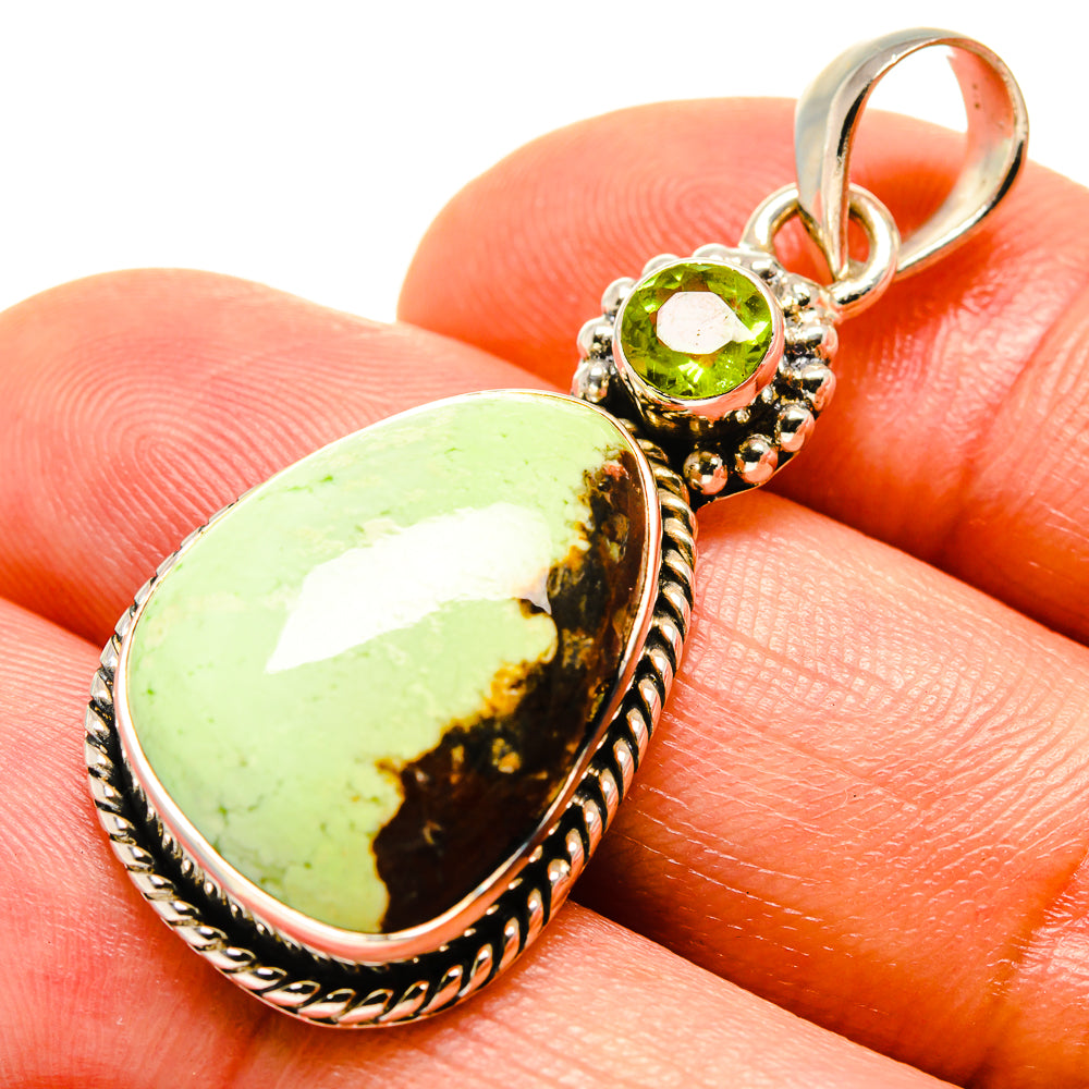 Teardrop green chrysoprase pendant with peridot accents in gold-tone sterling silver