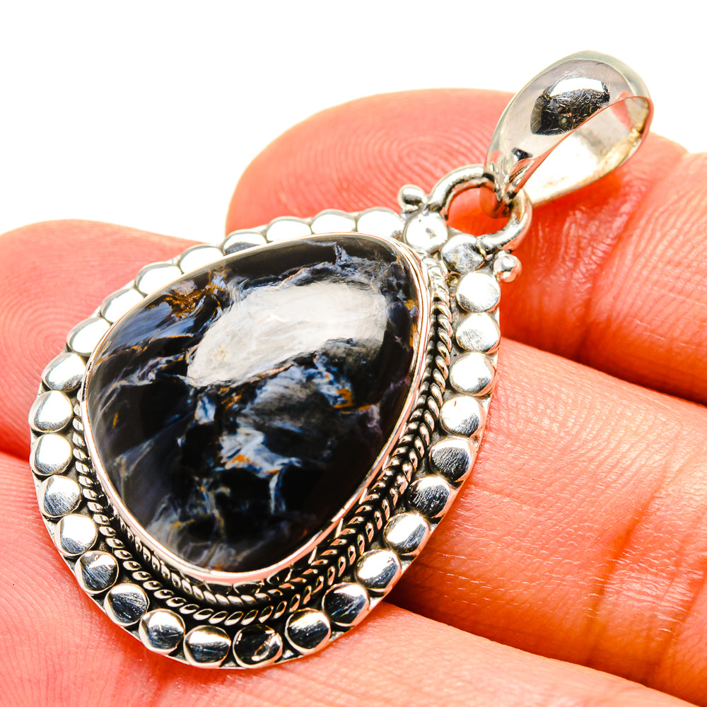 Pietersite pendant with dark blue oval stone, 925 sterling silver bezel and bail