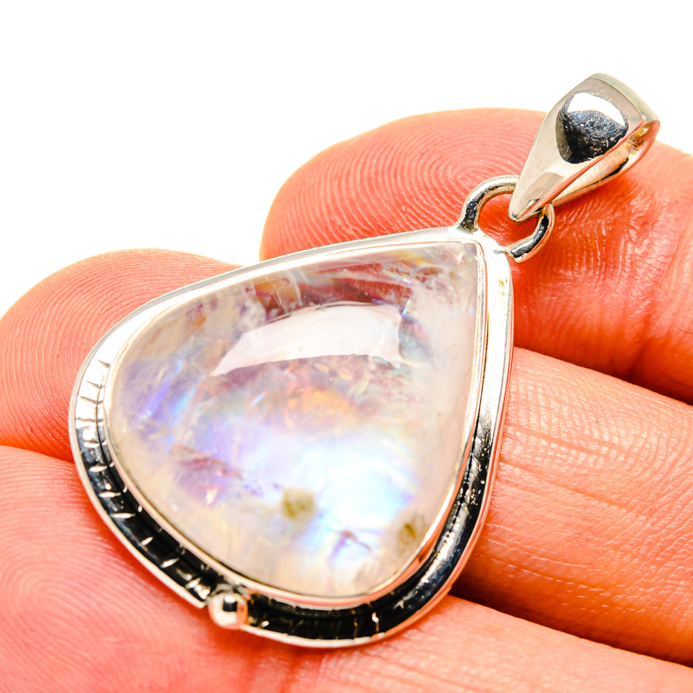 Teardrop moonstone pendant in 925 sterling silver with rainbow iridescence and bail
