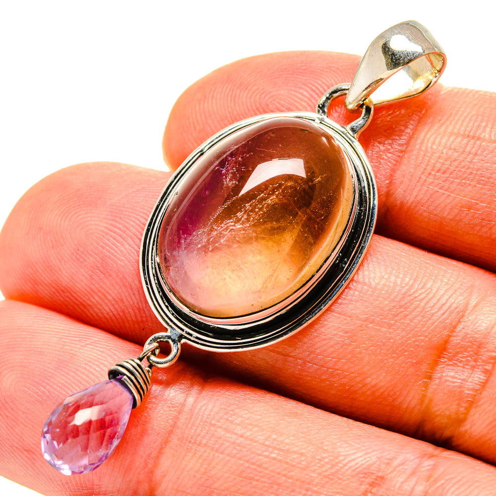 Sterling silver pendant with oval honey and amethyst marbled stone, purple dangle
