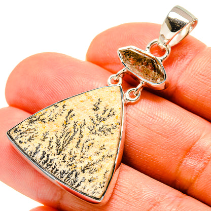 Sterling silver triangle dendrite pendant with amber speckled stone in bezel