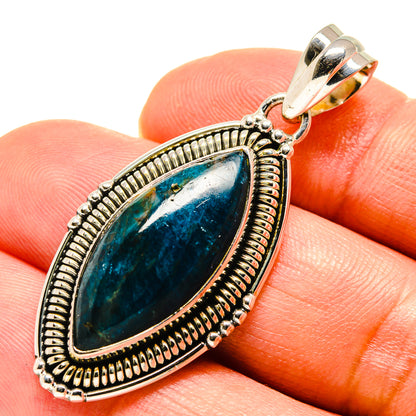 Apatite pendant with oval blue gemstone and ornate 925 sterling silver bezel