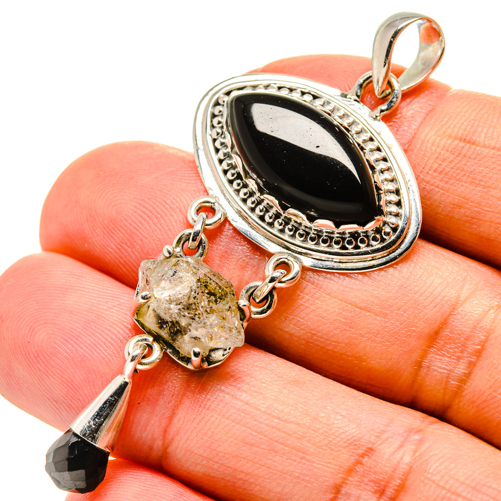Sterling silver black onyx pendant with chain, clear crystal and faceted black charm