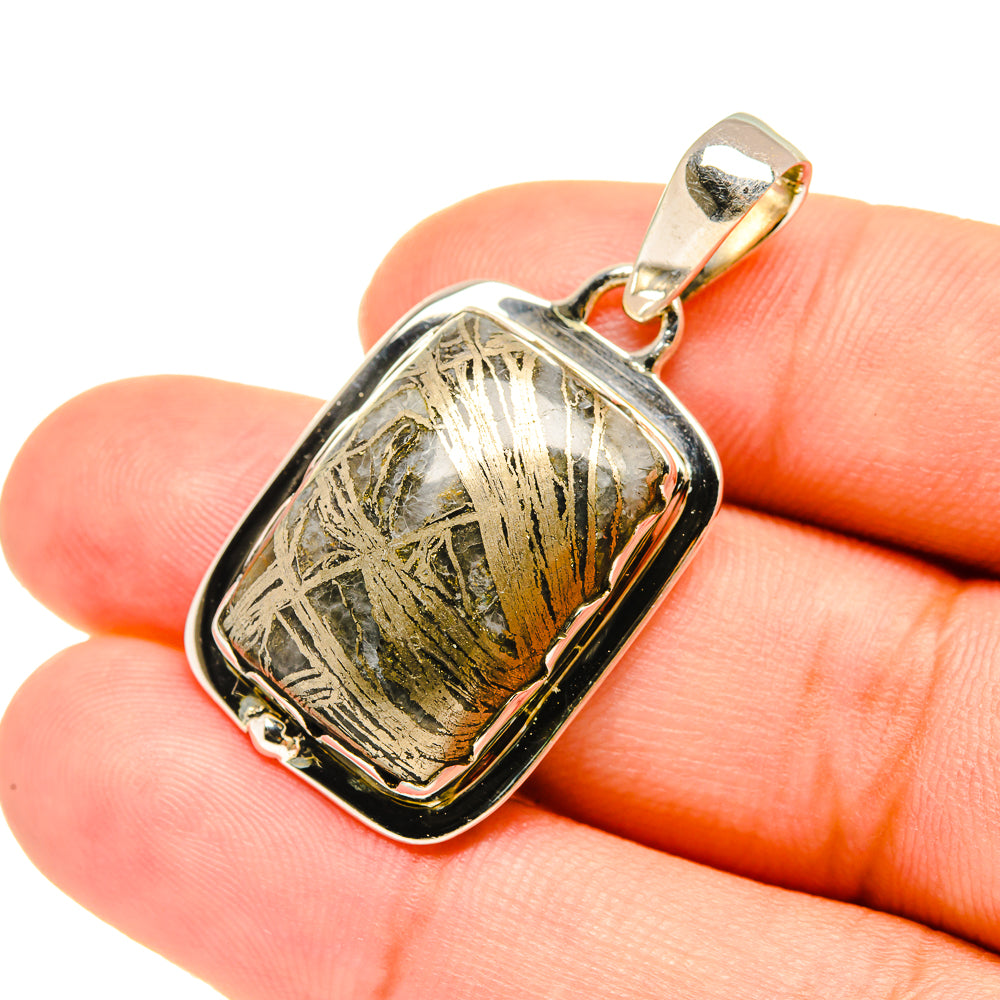 Sterling silver pendant with rectangular pyrite agate stone, gold-tone bail and bezel