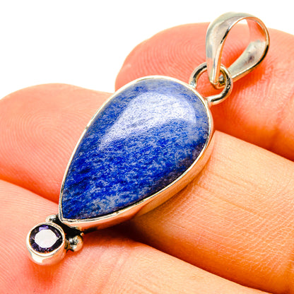 Sterling silver sodalite teardrop pendant with small round purple stones, bail top