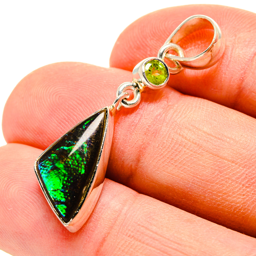 Sterling silver peridot and ammolite pendant with green round stone and triangular drop