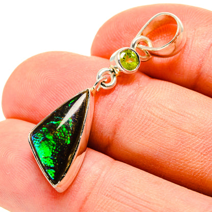 Sterling silver peridot and ammolite pendant with green round stone and triangular drop