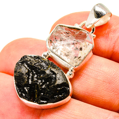 Sterling silver pendant with black tektite and clear quartz-like crystal drop