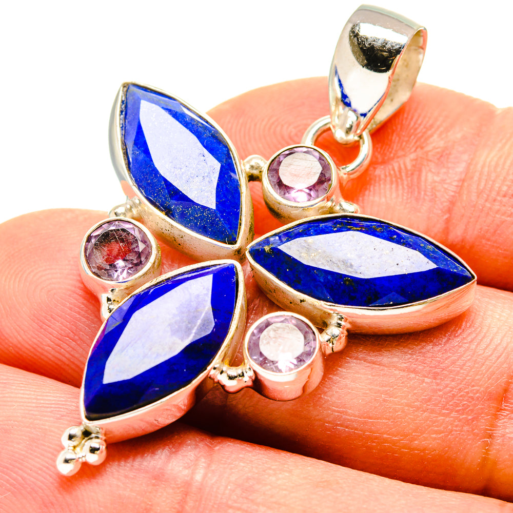 Lapis lazuli and amethyst pendant: blue marquise and pink round stones, 925 silver