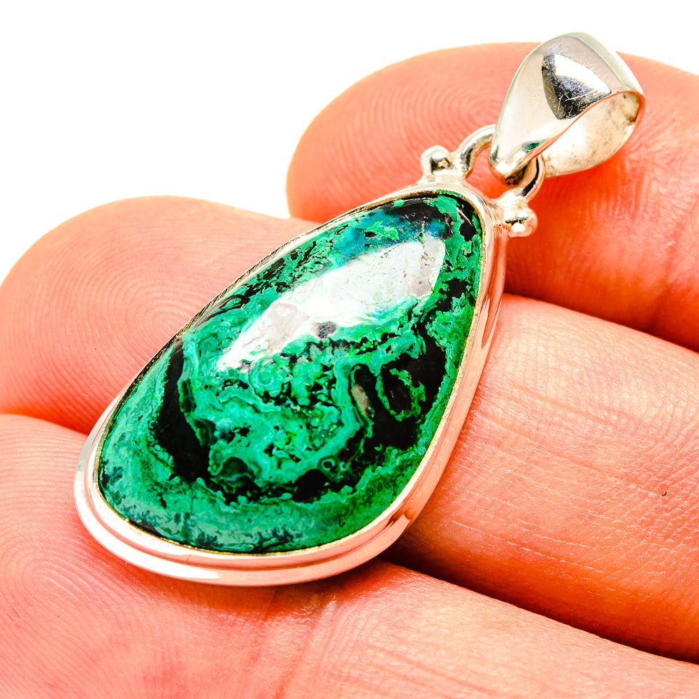 Malachite and chrysocolla teardrop pendant in silver bezel with bail, green stone detail