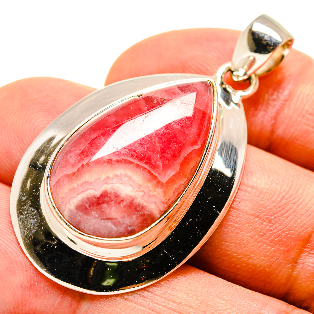 Sterling silver teardrop rhodochrosite pendant with red gemstone cabochon and bail