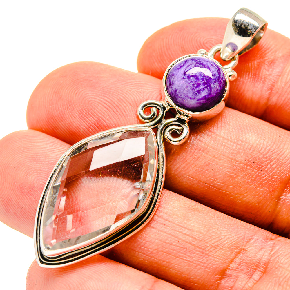Pendant with oval purple charoite and teardrop faceted clear quartz, gold-tone sterling silver