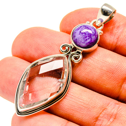 Pendant with oval purple charoite and teardrop faceted clear quartz, gold-tone sterling silver