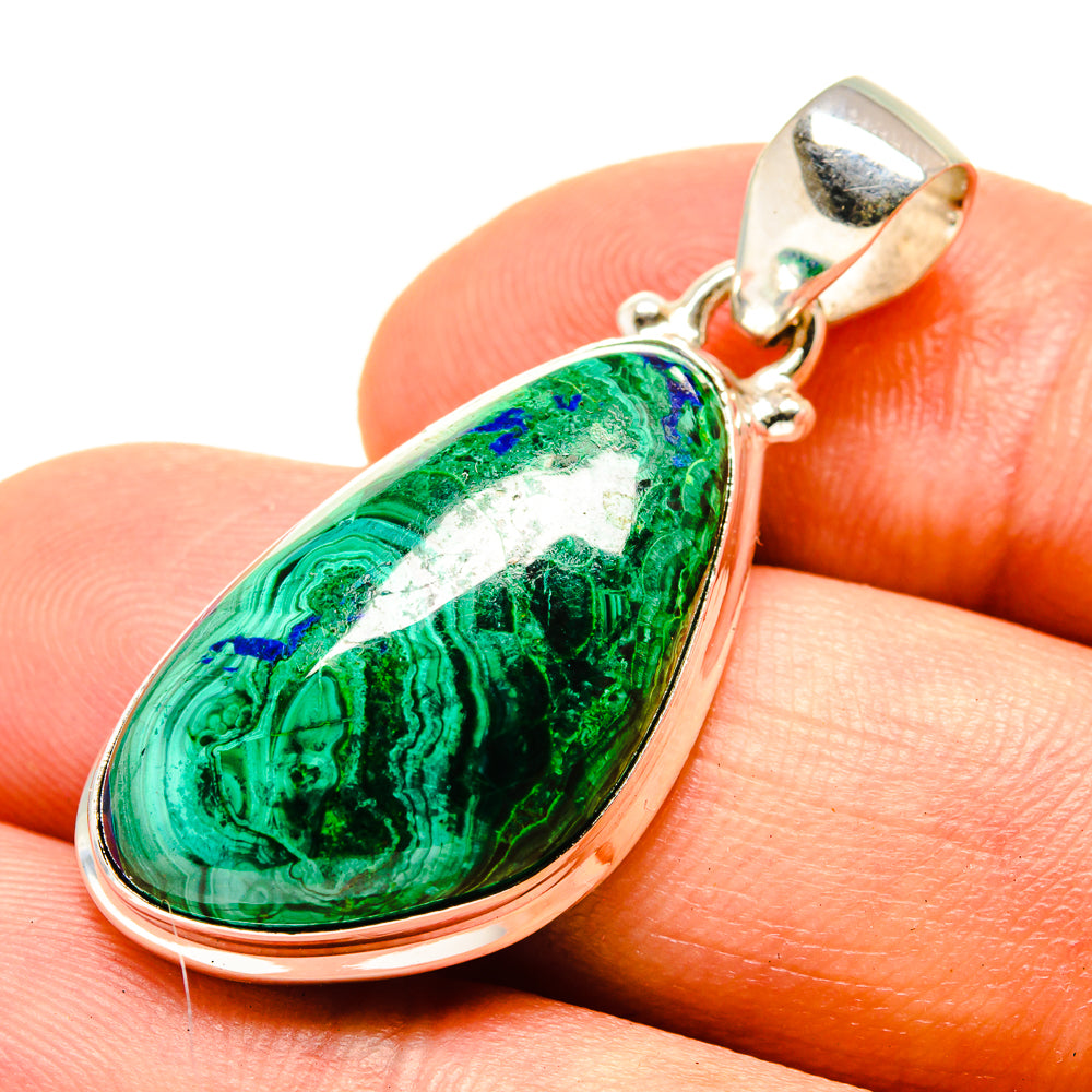Sterling silver teardrop pendant with green chrysocolla and blue malachite inlay