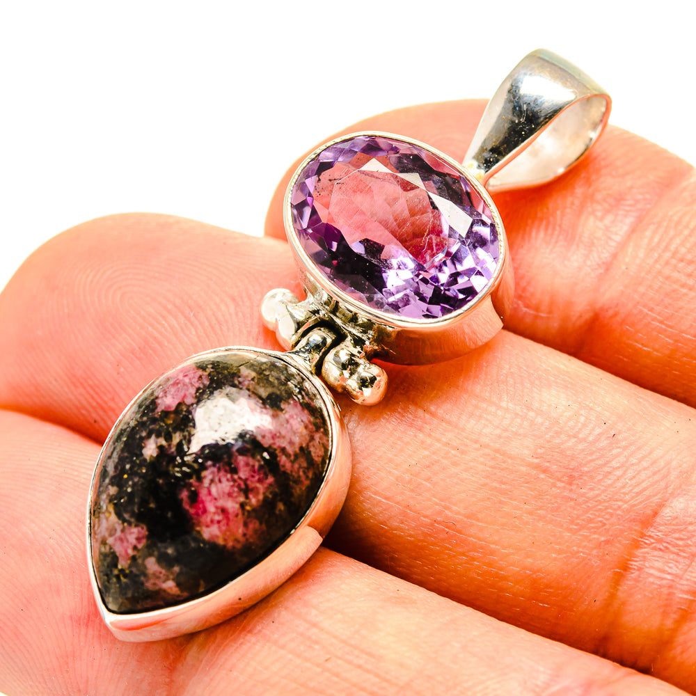 Sterling silver pendant with faceted oval amethyst and cabochon rhodonite