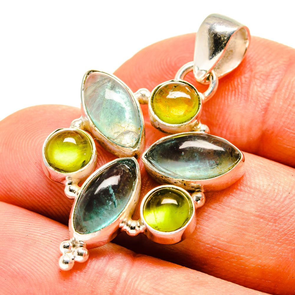 Sterling silver pendant with blue-green oval stones and lime green round stones
