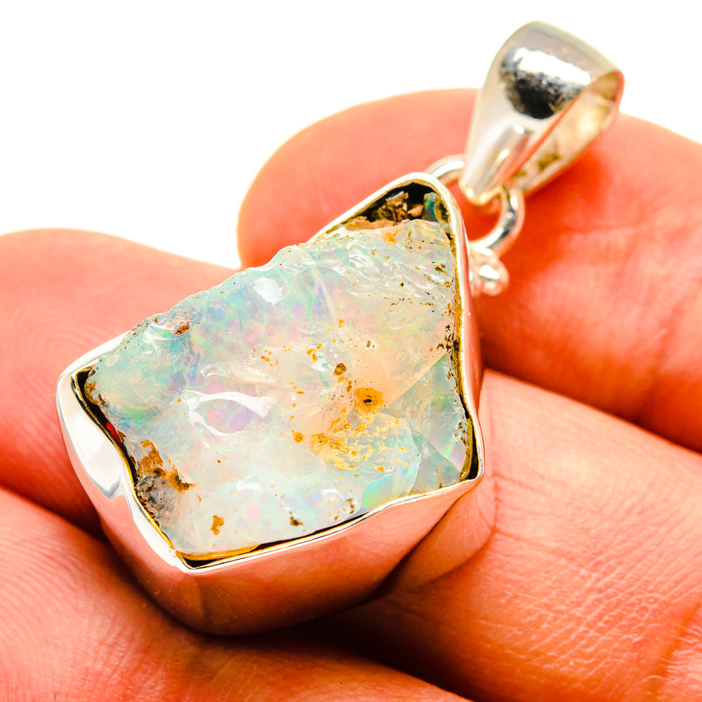 Rough Ethiopian opal pendant, gold-tone 925 sterling silver bezel with colorful opal